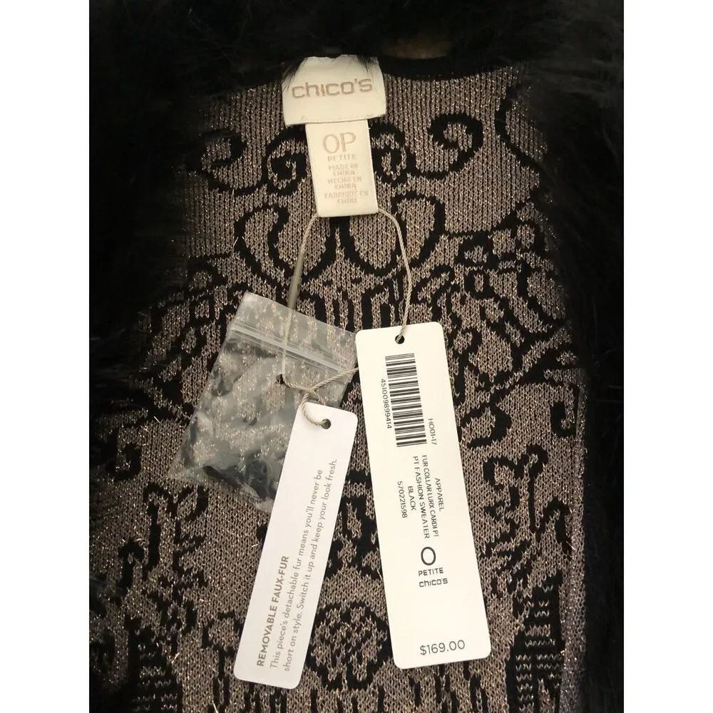 NWT Chicos Faux Fur Collar Lurex Cardigan Sweater Long Black Gold Metallic 0P/ S